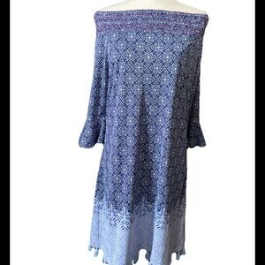 Cabana Life Dress Resort wear XL Off shoulder Navy white Tassel fringe EUC